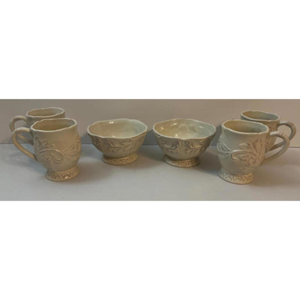 Young's Inc Heartfelt Kitchen Creations 4 Ivory Mug Cup and 2 Ice Cream Bowl Set